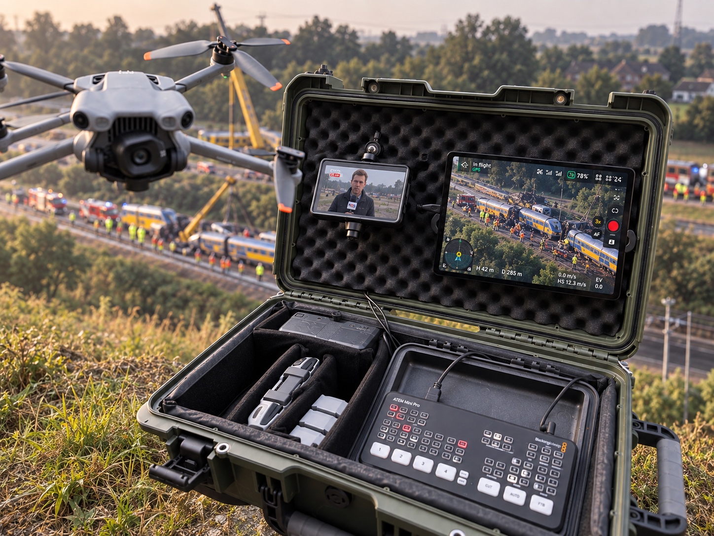 Mobiele Live Drone-opstelling met drone, live-regie, verslaggever, dronebeeld en LiveU LU300